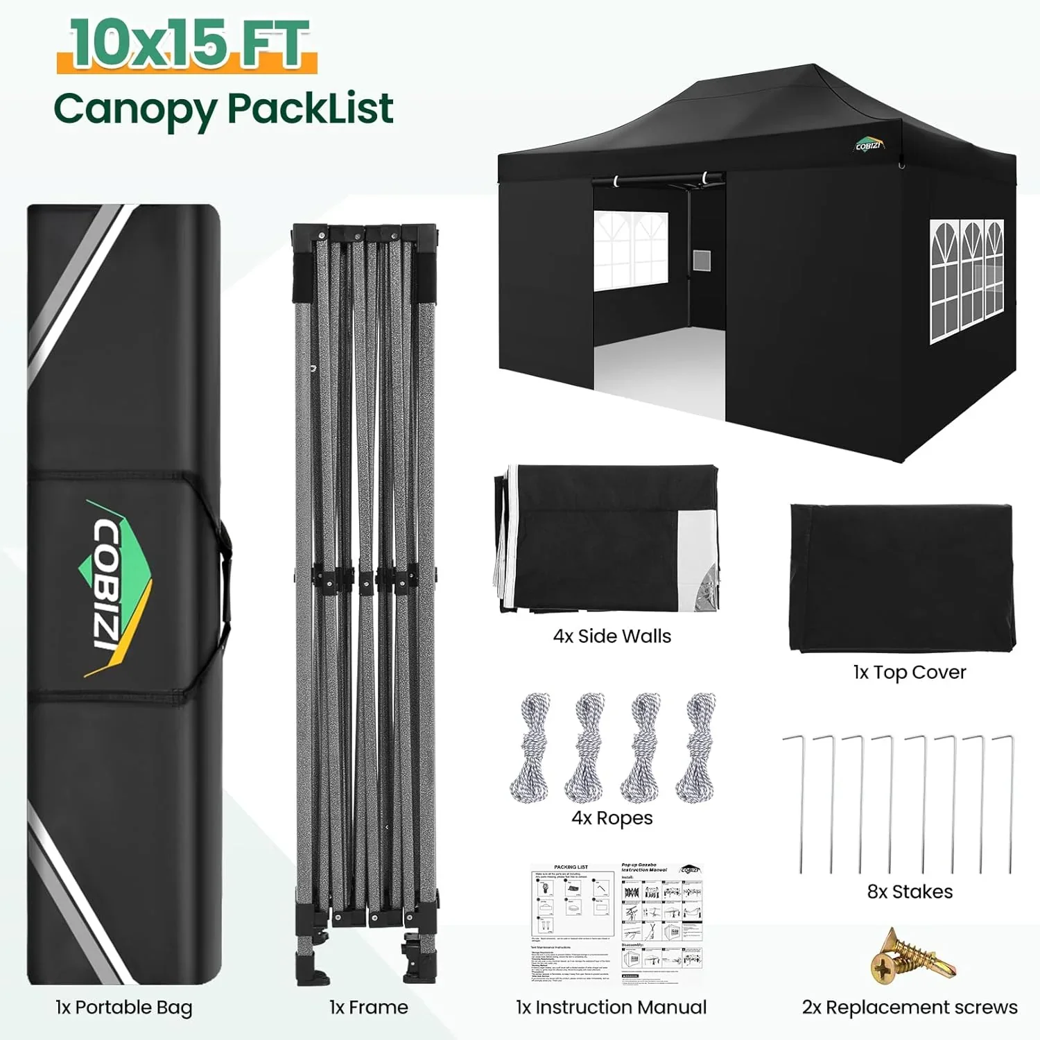 COBIZI 10x20 Heavy Duty Pop up Canopy Tent with 6 sidewalls Easy Up Commercial Outdoor Canopy Wedding Party Tents for Parties All Season Wind & Waterproof Gazebo with Roller Bag,Black(Frame Thickened) - Image 130