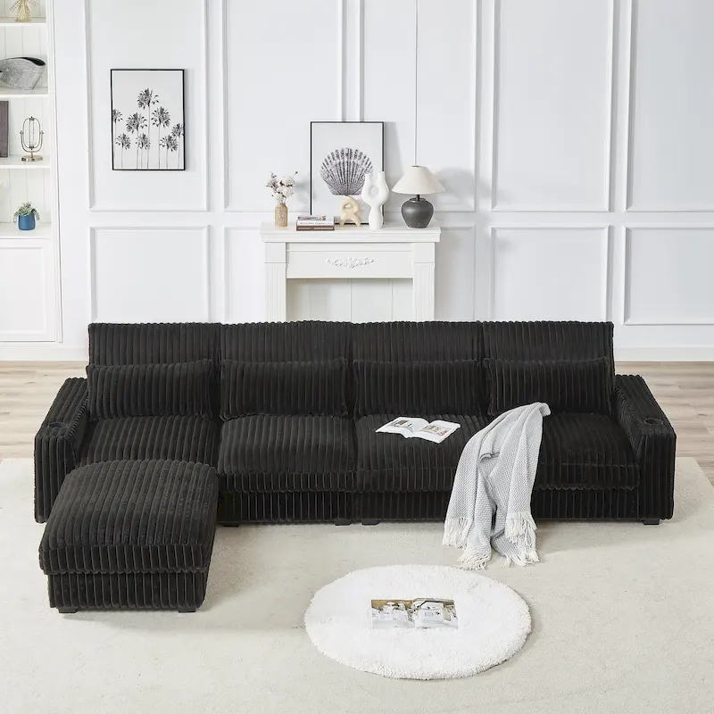 126W Large L-Shaped Corduroy Sofa with USB Charging Port - Image 2