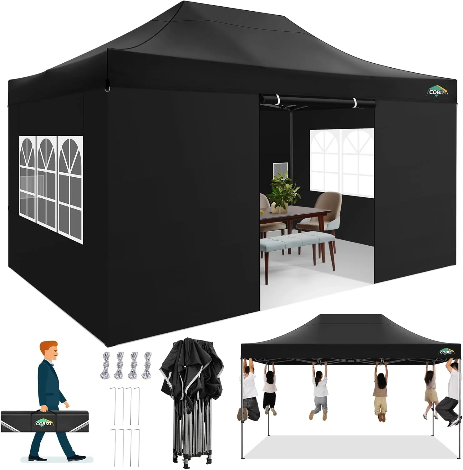 COBIZI 10x20 Heavy Duty Pop up Canopy Tent with 6 sidewalls Easy Up Commercial Outdoor Canopy Wedding Party Tents for Parties All Season Wind & Waterproof Gazebo with Roller Bag,Black(Frame Thickened) - Image 5