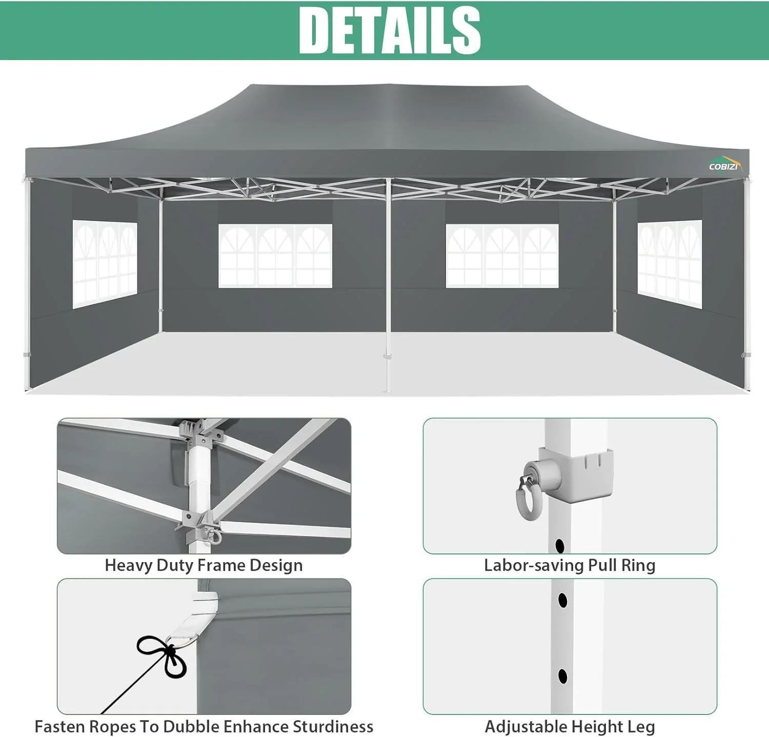 COBIZI 10x20 Heavy Duty Pop up Canopy Tent with 6 sidewalls Easy Up Commercial Outdoor Canopy Wedding Party Tents for Parties All Season Wind & Waterproof Gazebo with Roller Bag,Black(Frame Thickened) - Image 209