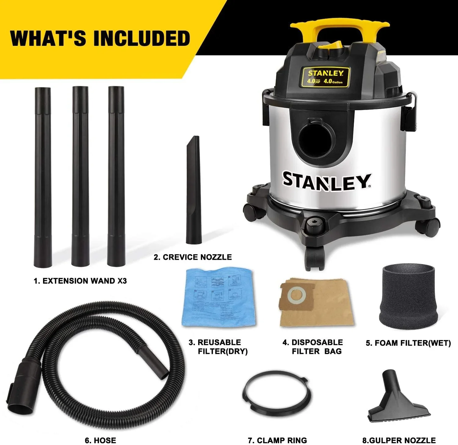 4 Gallon Wet Dry Vacuum, 4 Peak HP Stainless Steel 3 in 1 Shop Vacuum Blower with Powerful Suction, Vacuum for Job Site, Garage, Basement, Workshop - Image 3