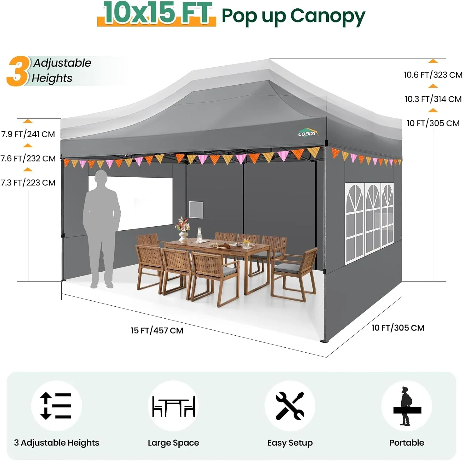 COBIZI 10x20 Heavy Duty Pop up Canopy Tent with 6 sidewalls Easy Up Commercial Outdoor Canopy Wedding Party Tents for Parties All Season Wind & Waterproof Gazebo with Roller Bag,Black(Frame Thickened) - Image 81
