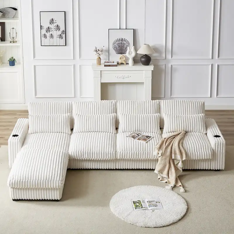 126W Large L-Shaped Corduroy Sofa with USB Charging Port - Image 6