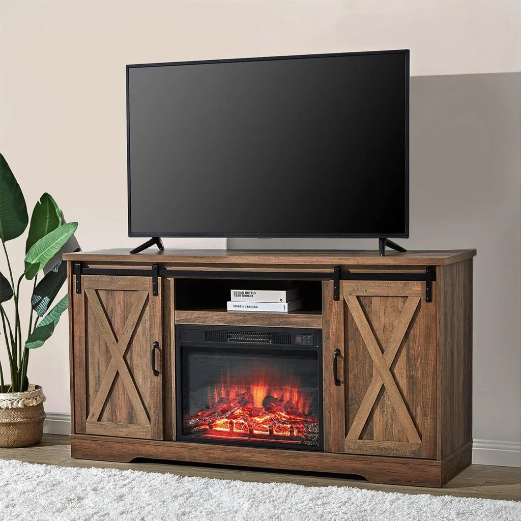 AMERLIFE Fireplace TV Stand with Sliding Barn Door for TVs up to 73", Farmhouse 63" Fireplace Entertainment Center with Storage Cabinets/Adjustable Shelves - Image 6