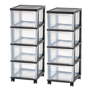 4-Drawer Narrow Plastic Storage Drawer Cart, Black, Set of 2