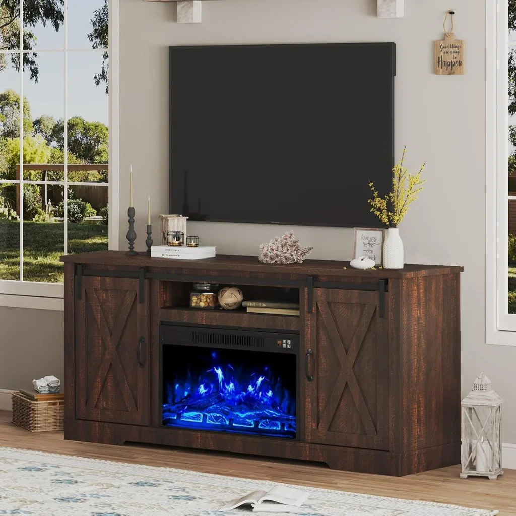 AMERLIFE Fireplace TV Stand with Sliding Barn Door for TVs up to 73", Farmhouse 63" Fireplace Entertainment Center with Storage Cabinets/Adjustable Shelves - Image 39
