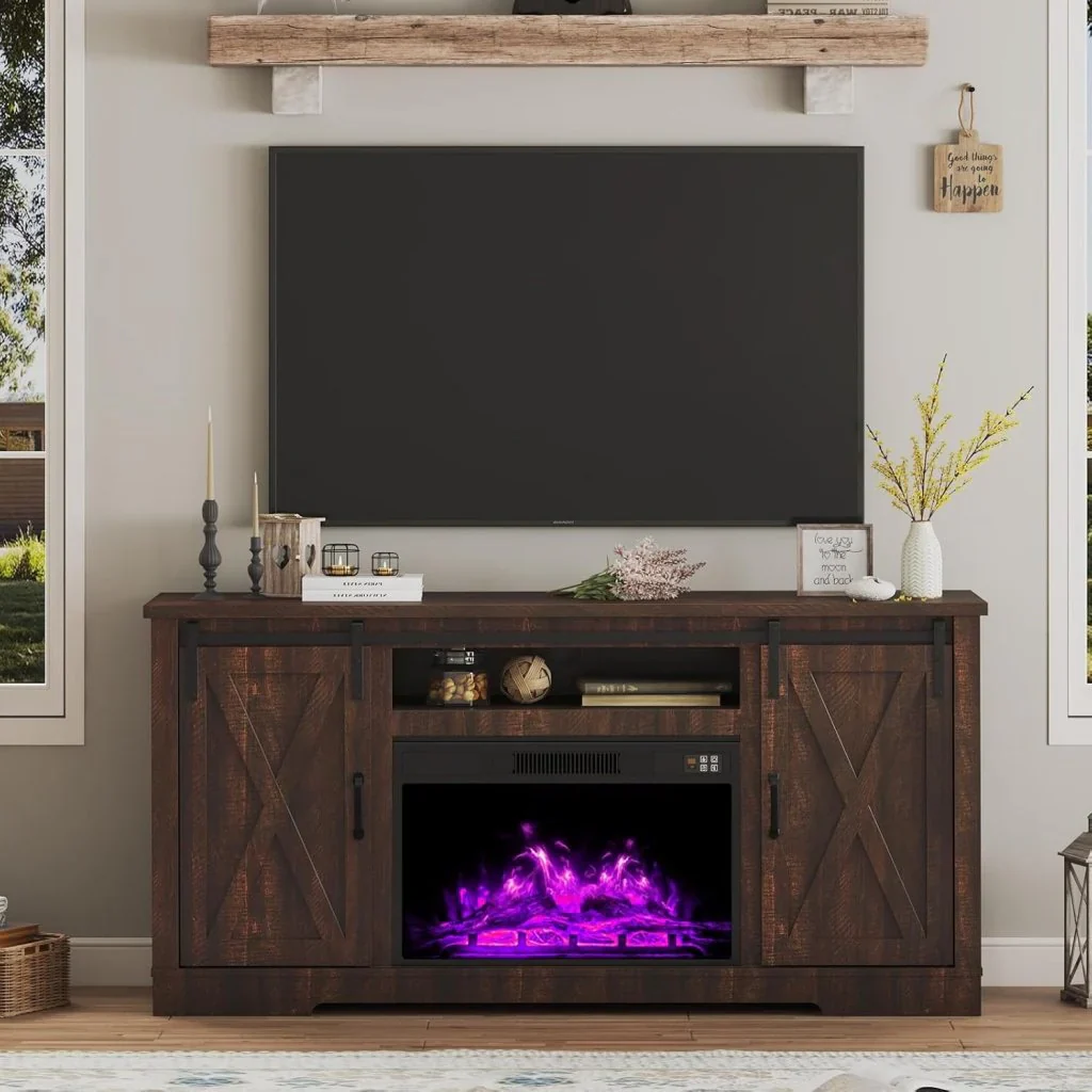 AMERLIFE Fireplace TV Stand with Sliding Barn Door for TVs up to 73", Farmhouse 63" Fireplace Entertainment Center with Storage Cabinets/Adjustable Shelves - Image 36