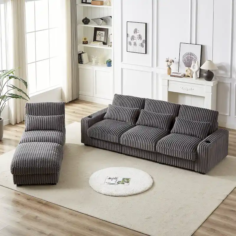 126W Large L-Shaped Corduroy Sofa with USB Charging Port - Image 25