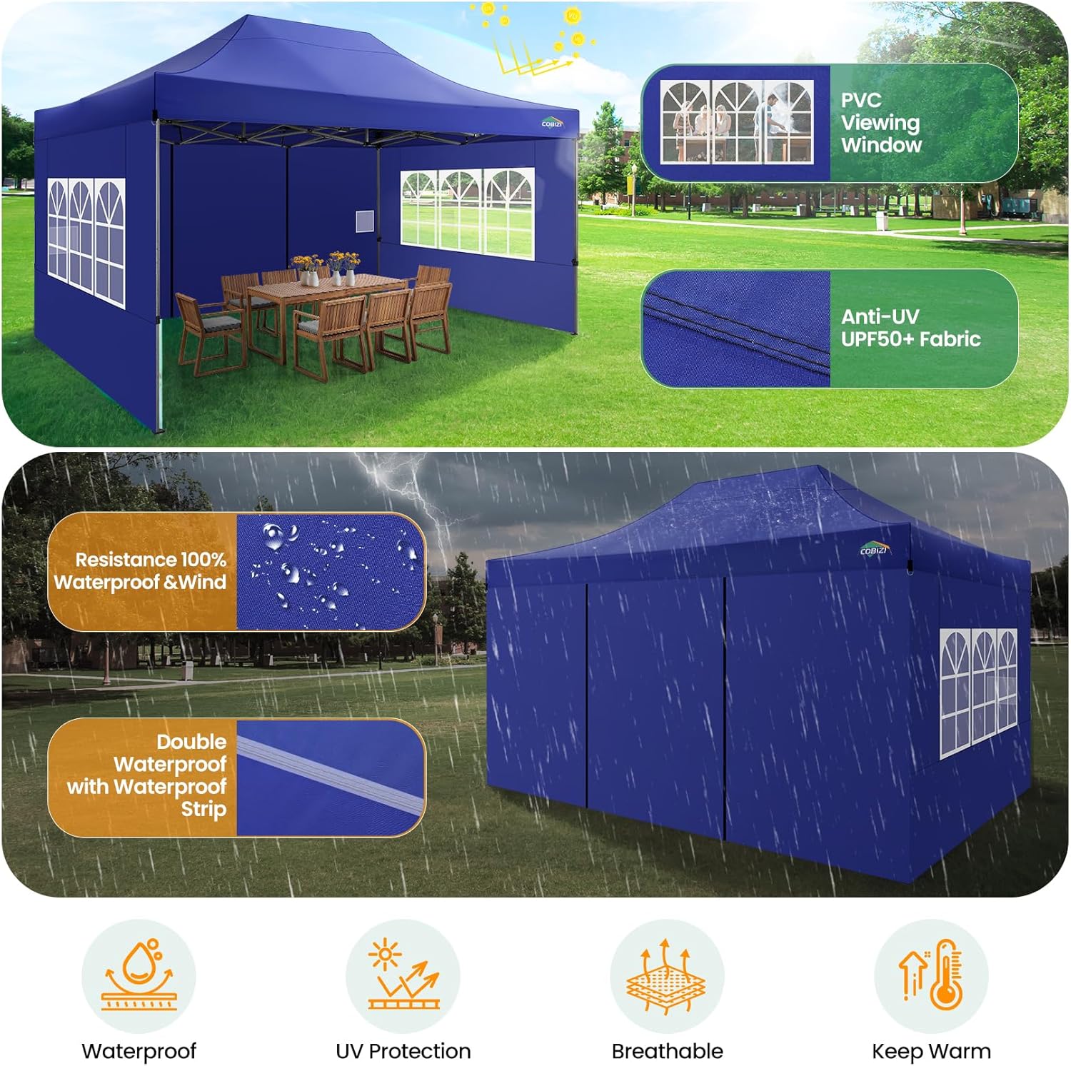 COBIZI 10x20 Heavy Duty Pop up Canopy Tent with 6 sidewalls Easy Up Commercial Outdoor Canopy Wedding Party Tents for Parties All Season Wind & Waterproof Gazebo with Roller Bag,Black(Frame Thickened) - Image 128