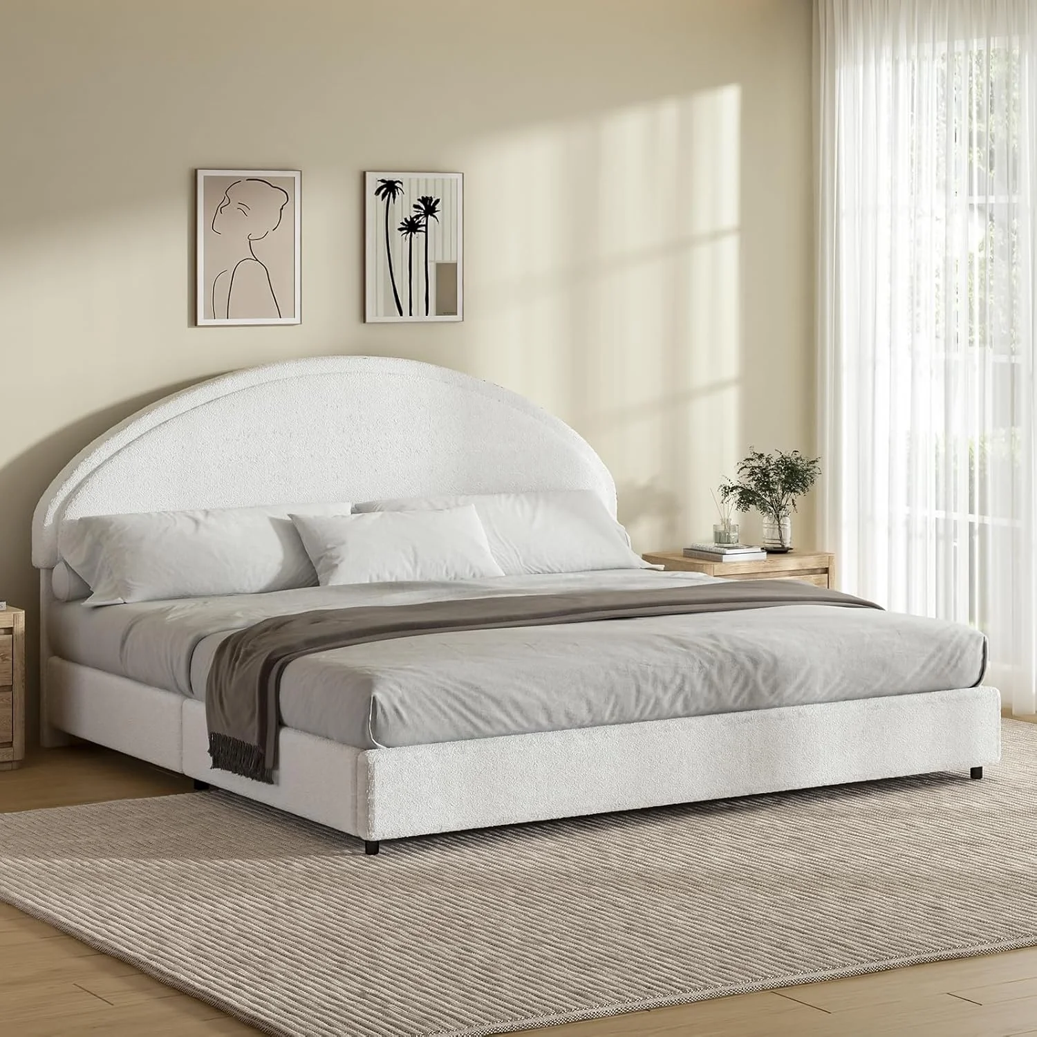 4 EVER WINNER Queen Size Bed Frame, Boucle Upholstered Bed Frame with Headboard, White Queen Bed Frame, White - Image 2