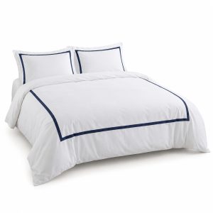White and Navy Border Cotton Duvet Cover Set, 3-Piece, 230 x 220 cm
