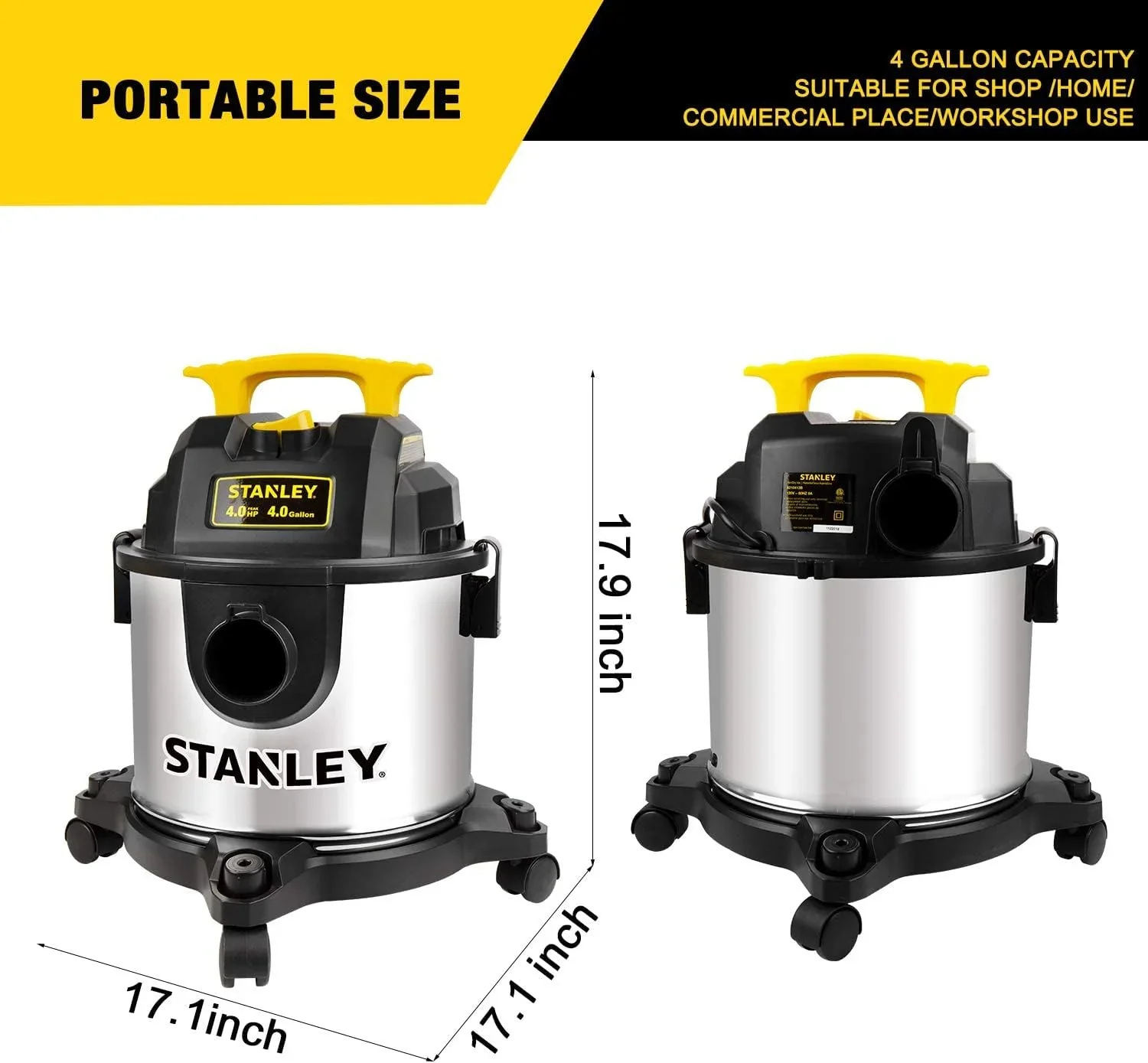 4 Gallon Wet Dry Vacuum, 4 Peak HP Stainless Steel 3 in 1 Shop Vacuum Blower with Powerful Suction, Vacuum for Job Site, Garage, Basement, Workshop - Image 2