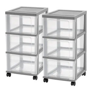 3-Drawer Narrow Plastic Storage Drawer Cart, Gray, Set of 2