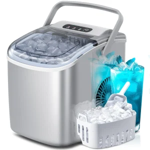 Crzoe Countertop Ice Maker Machine with Handle, 9 Bullet-Shaped Ice Cubes Ready in 6 Mins, 26Lbs/24H, Self-Cleaning Function with Ice Scoop and Basket for Home/Kitchen/Party (Grey)