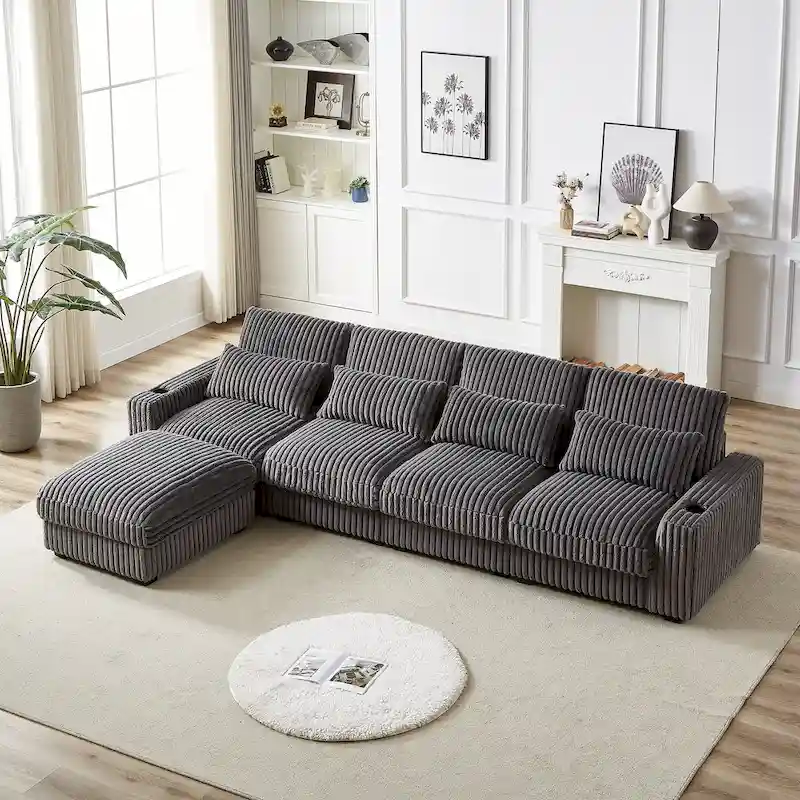 126W Large L-Shaped Corduroy Sofa with USB Charging Port - Image 23