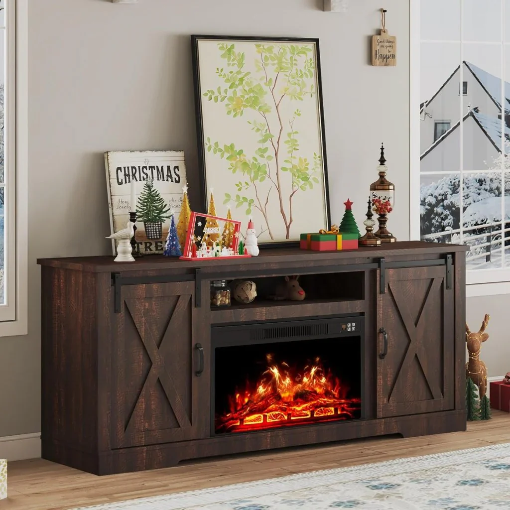 AMERLIFE Fireplace TV Stand with Sliding Barn Door for TVs up to 73", Farmhouse 63" Fireplace Entertainment Center with Storage Cabinets/Adjustable Shelves - Image 3