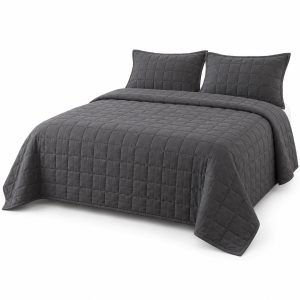 Charcoal Grid Cotton Quilt Set, 3-Piece, 230 x 220 cm
