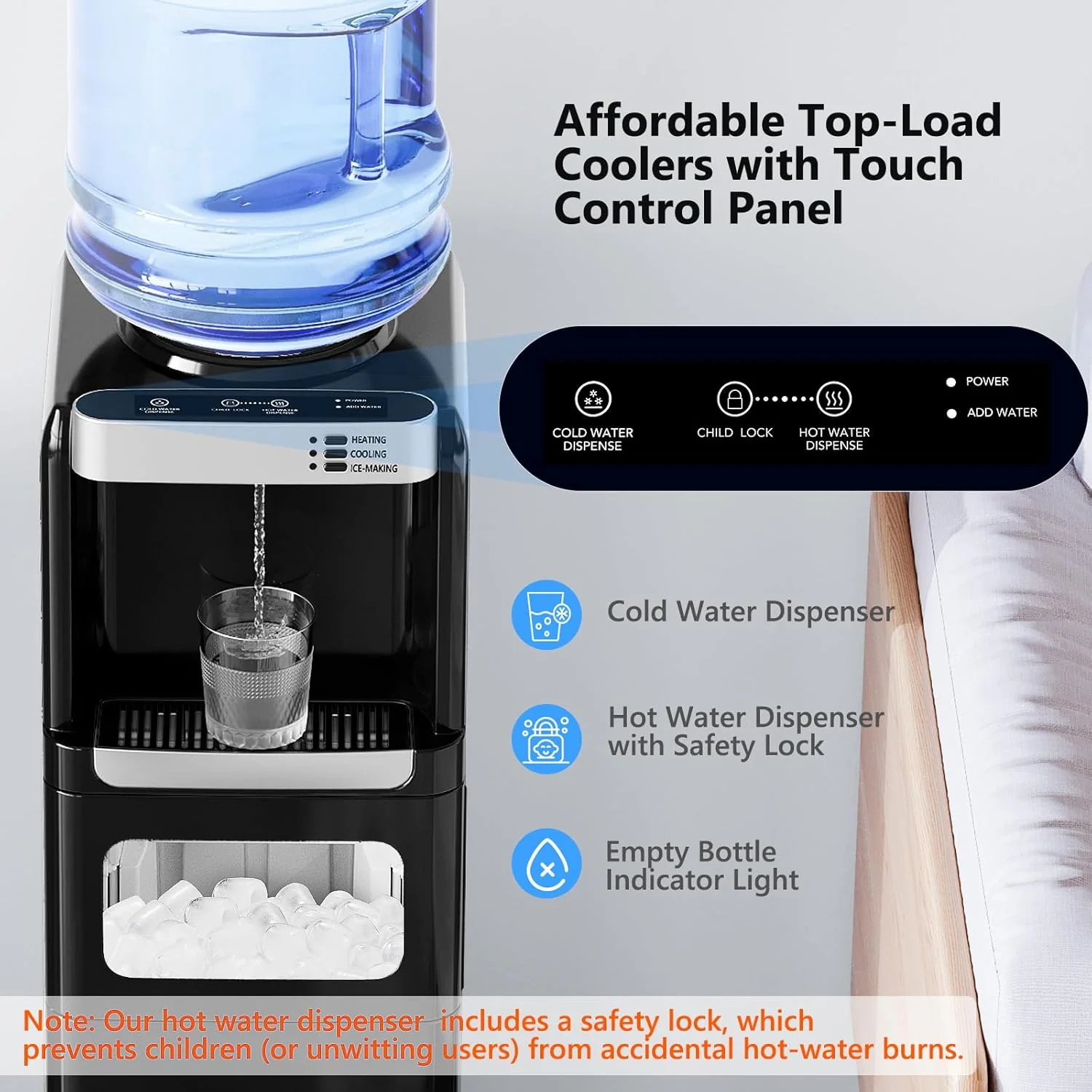 Top Loading Water Dispenser with Ice Maker, Hot & Cold, 5 Gallon, Child Lock, Black - Image 4