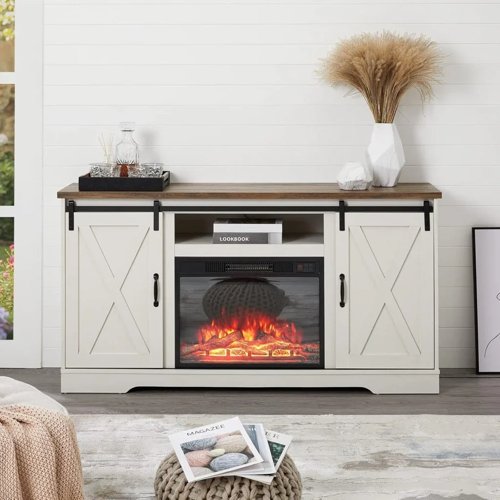 AMERLIFE Fireplace TV Stand with Sliding Barn Door for TVs up to 73", Farmhouse 63" Fireplace Entertainment Center with Storage Cabinets/Adjustable Shelves - Image 27