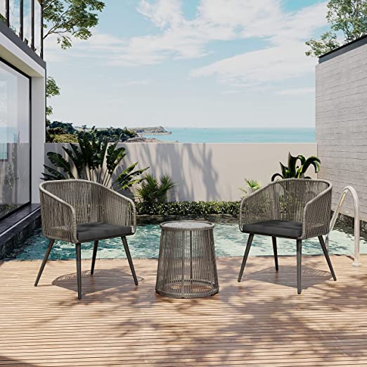 Patio Furniture Set 3-Piece Outside Bistro Set Handwoven Rattan Wicker Chairs with Waterproof Cushions Tempered Glass Table Outdoor Conversation Set for Porch Brown & Light Grey - Image 2