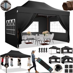 COBIZI 10x15 Pop Up Canopy Tent Heavy Duty with Sidewall, Commercial Outdoor Easy Pop Up Gazebo for Party Wedding All Weather Waterproof UV 50+ with Roller Bag(Leg Upgraded),Black