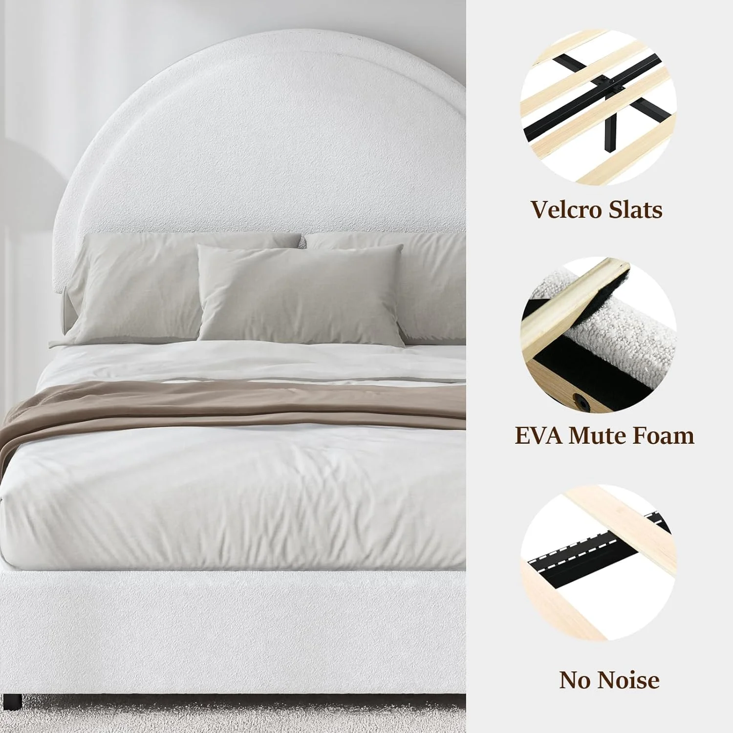 4 EVER WINNER Queen Size Bed Frame, Boucle Upholstered Bed Frame with Headboard, White Queen Bed Frame, White - Image 3