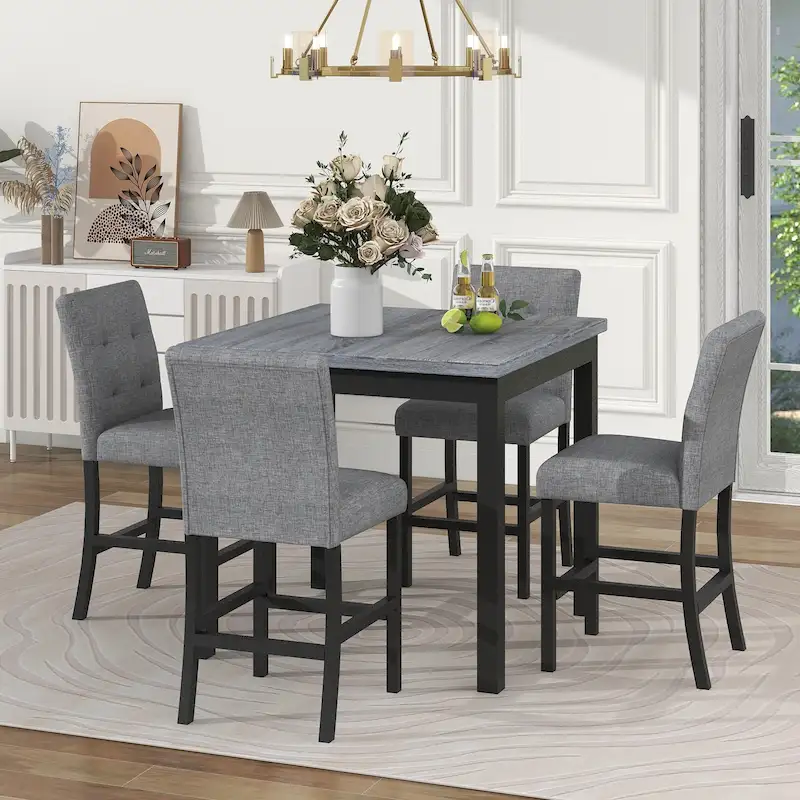 5 Piece Counter Height Dining Set, Wood Dining Table Set with Rectangle Table and 4 Upholstered High Back Chairs - Image 2