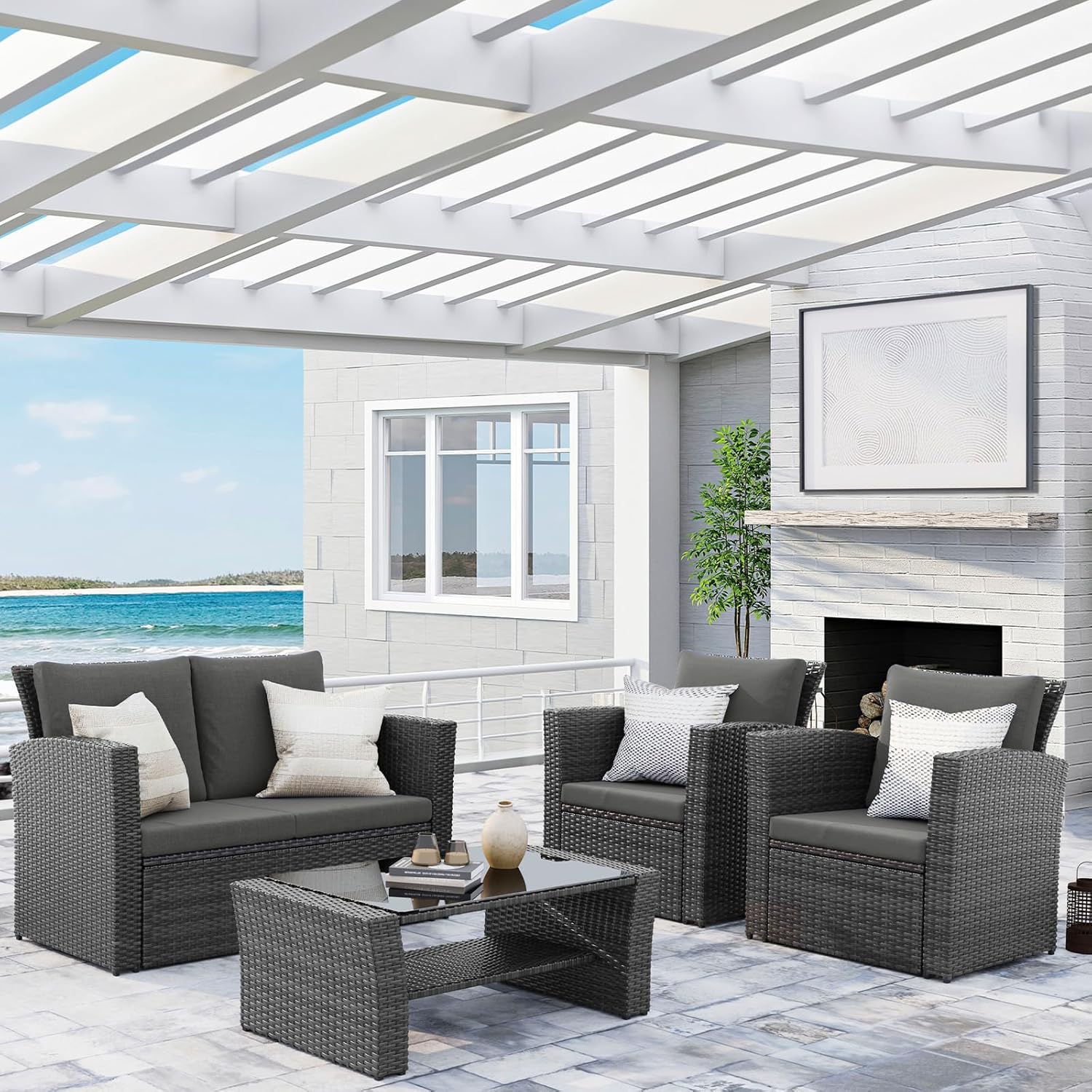 Wisteria Lane 4 Piece Outdoor Patio Furniture Sets, Wicker Conversation Set for Porch Deck, Grey Rattan Sofa Chair with Cushion Blue - Image 37