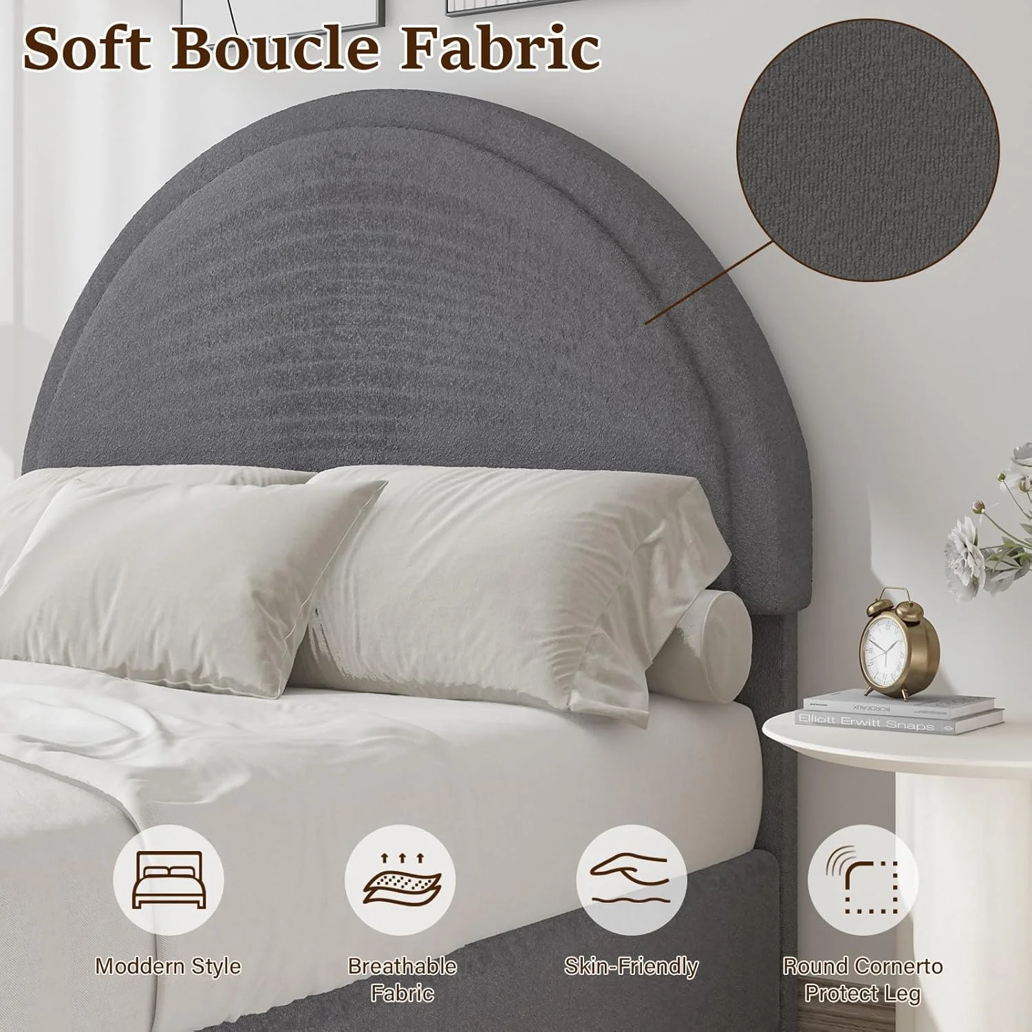 4 EVER WINNER Queen Size Bed Frame, Boucle Upholstered Bed Frame with Headboard, White Queen Bed Frame, White - Image 11