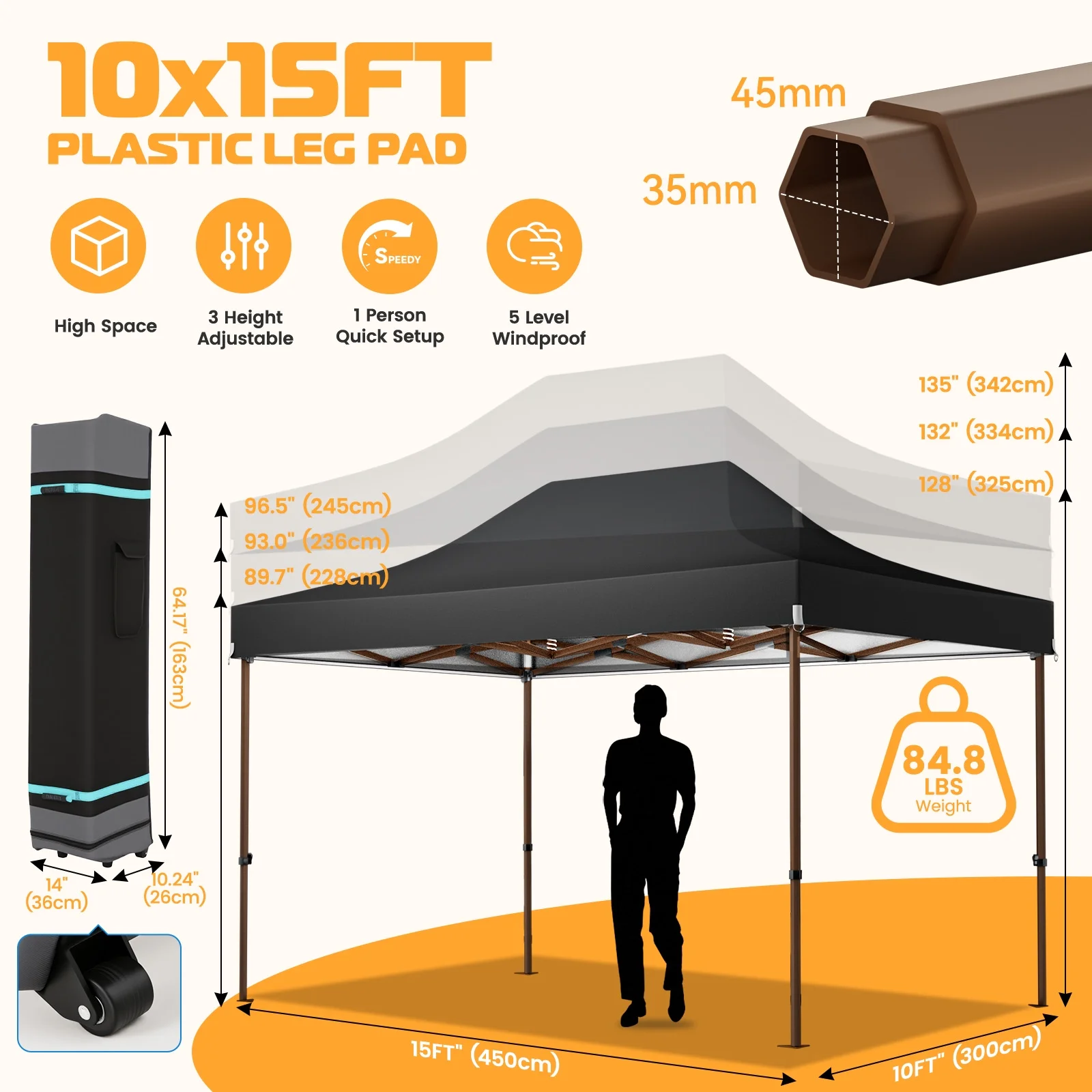 COBIZI 10x15 Pop Up Canopy Tent Heavy Duty with Sidewall, Commercial Outdoor Easy Pop Up Gazebo for Party Wedding All Weather Waterproof UV 50+ with Roller Bag(Leg Upgraded),Black - Image 2