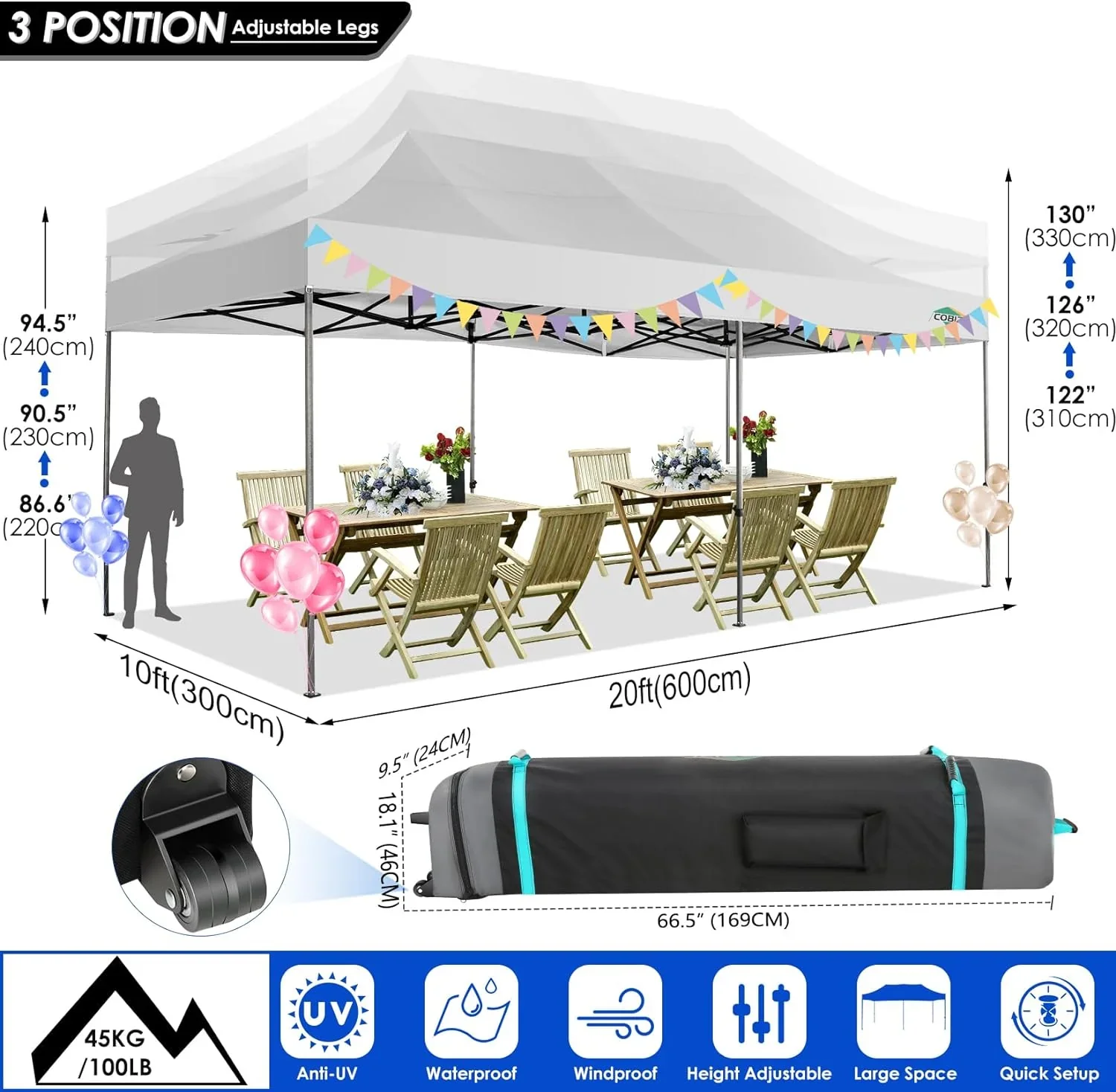 COBIZI 10x20 Heavy Duty Pop up Canopy Tent with 6 sidewalls Easy Up Commercial Outdoor Canopy Wedding Party Tents for Parties All Season Wind & Waterproof Gazebo with Roller Bag,Black(Frame Thickened) - Image 107
