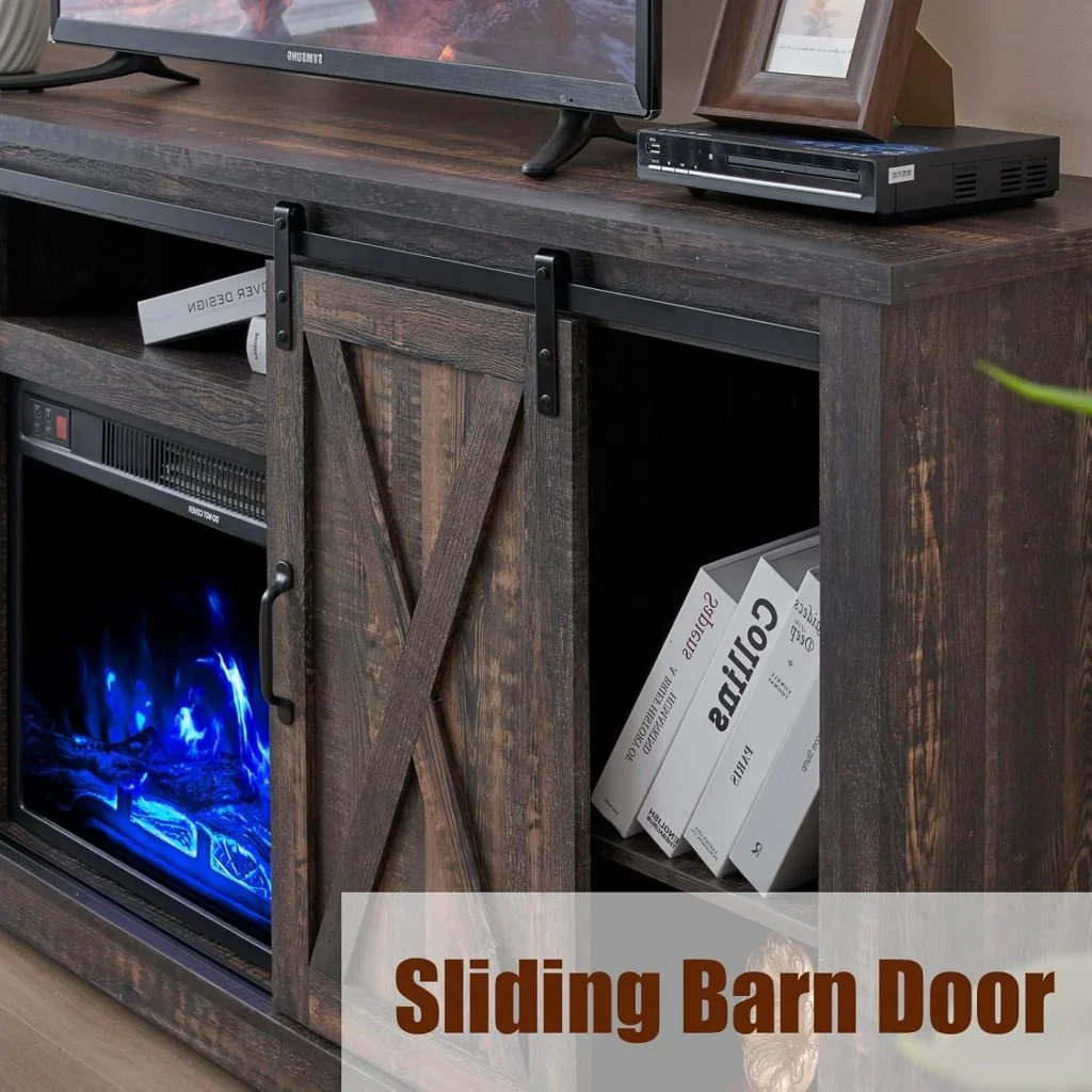 AMERLIFE Fireplace TV Stand with Sliding Barn Door for TVs up to 73", Farmhouse 63" Fireplace Entertainment Center with Storage Cabinets/Adjustable Shelves - Image 42