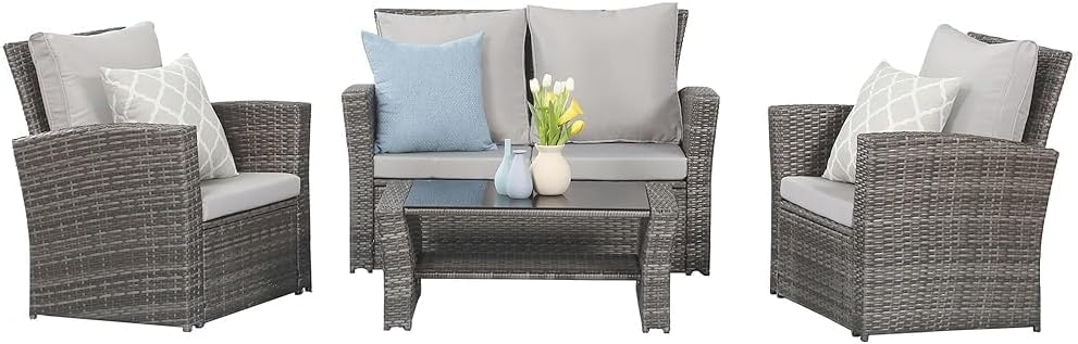 Wisteria Lane 4 Piece Outdoor Patio Furniture Sets, Wicker Conversation Set for Porch Deck, Grey Rattan Sofa Chair with Cushion Blue - Image 7