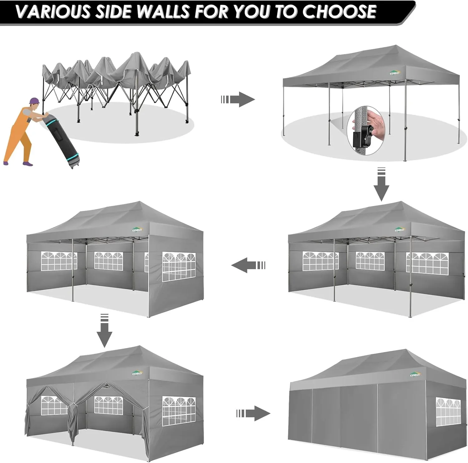 COBIZI 10x20 Heavy Duty Pop up Canopy Tent with 6 sidewalls Easy Up Commercial Outdoor Canopy Wedding Party Tents for Parties All Season Wind & Waterproof Gazebo with Roller Bag,Black(Frame Thickened) - Image 153