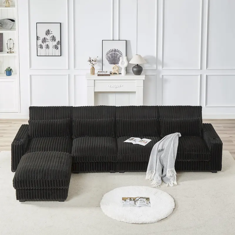 126W Large L-Shaped Corduroy Sofa with USB Charging Port