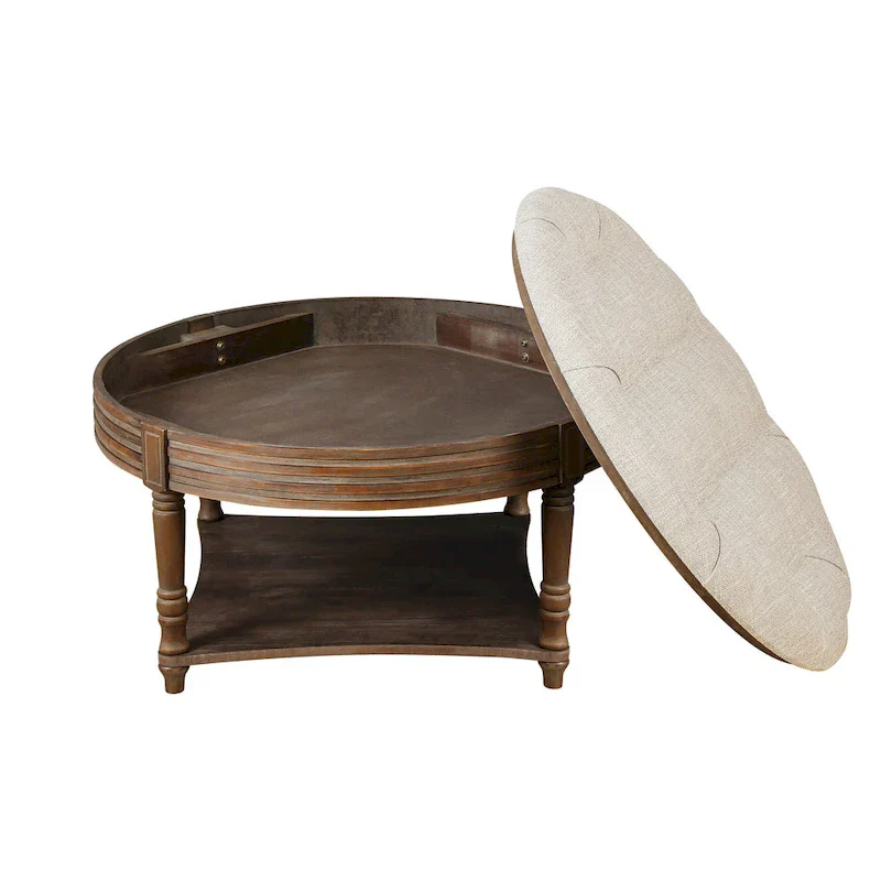 Round Storage Ottoman Coffee Table with Tufted Seat and Wooden Base - Image 17