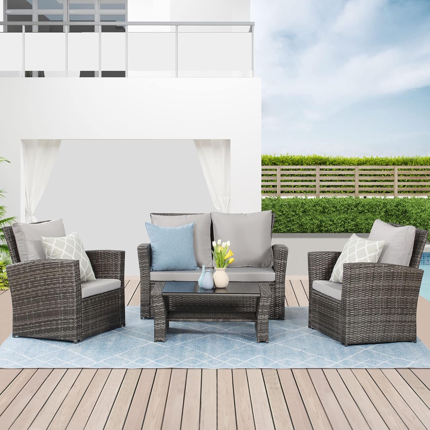 Wisteria Lane 4 Piece Outdoor Patio Furniture Sets, Wicker Conversation Set for Porch Deck, Grey Rattan Sofa Chair with Cushion Blue - Image 28