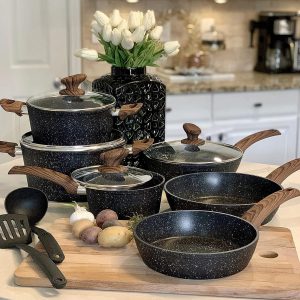 Kitchen Academy Induction Cookware Sets - 12 Piece Green Cooking Pan Set, Granite Nonstick Pots and Pans Set