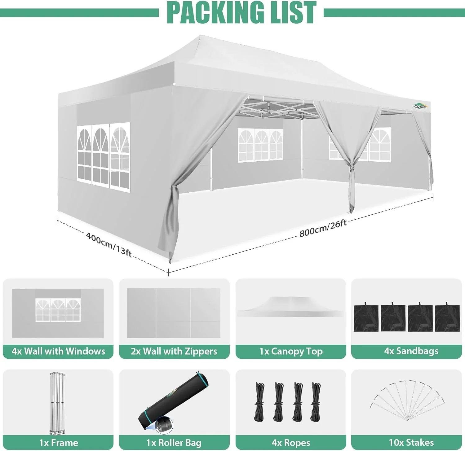 COBIZI 10x20 Heavy Duty Pop up Canopy Tent with 6 sidewalls Easy Up Commercial Outdoor Canopy Wedding Party Tents for Parties All Season Wind & Waterproof Gazebo with Roller Bag,Black(Frame Thickened) - Image 167