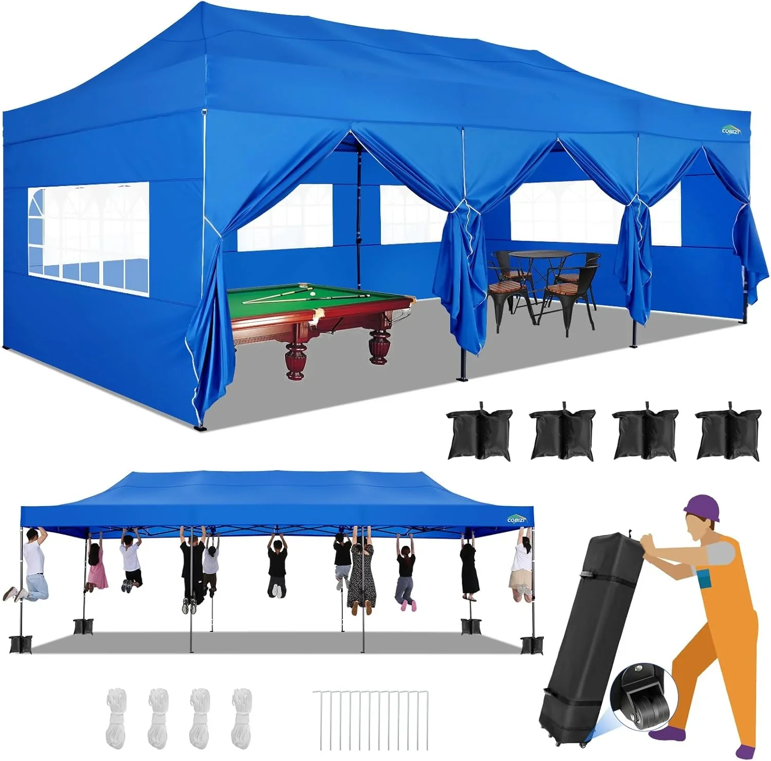COBIZI 10x20 Heavy Duty Pop up Canopy Tent with 6 sidewalls Easy Up Commercial Outdoor Canopy Wedding Party Tents for Parties All Season Wind & Waterproof Gazebo with Roller Bag,Black(Frame Thickened) - Image 10