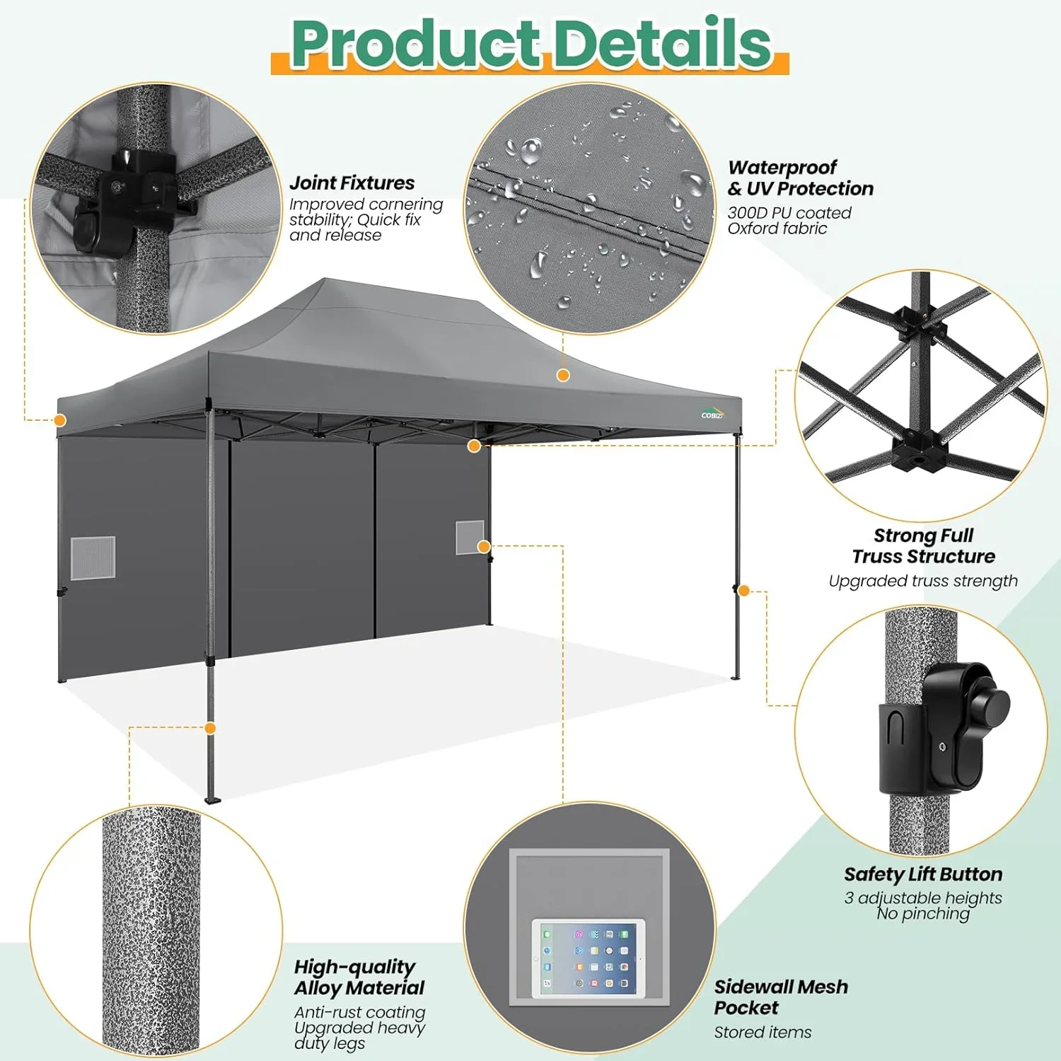 COBIZI 10x20 Heavy Duty Pop up Canopy Tent with 6 sidewalls Easy Up Commercial Outdoor Canopy Wedding Party Tents for Parties All Season Wind & Waterproof Gazebo with Roller Bag,Black(Frame Thickened) - Image 82