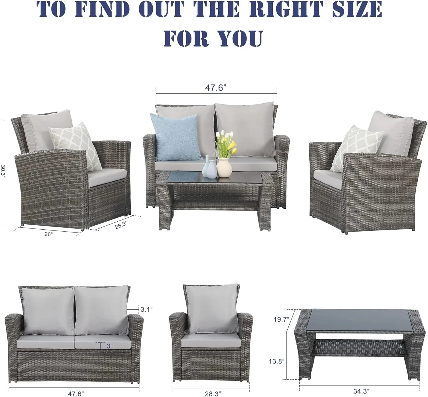 Wisteria Lane 4 Piece Outdoor Patio Furniture Sets, Wicker Conversation Set for Porch Deck, Grey Rattan Sofa Chair with Cushion Blue - Image 27