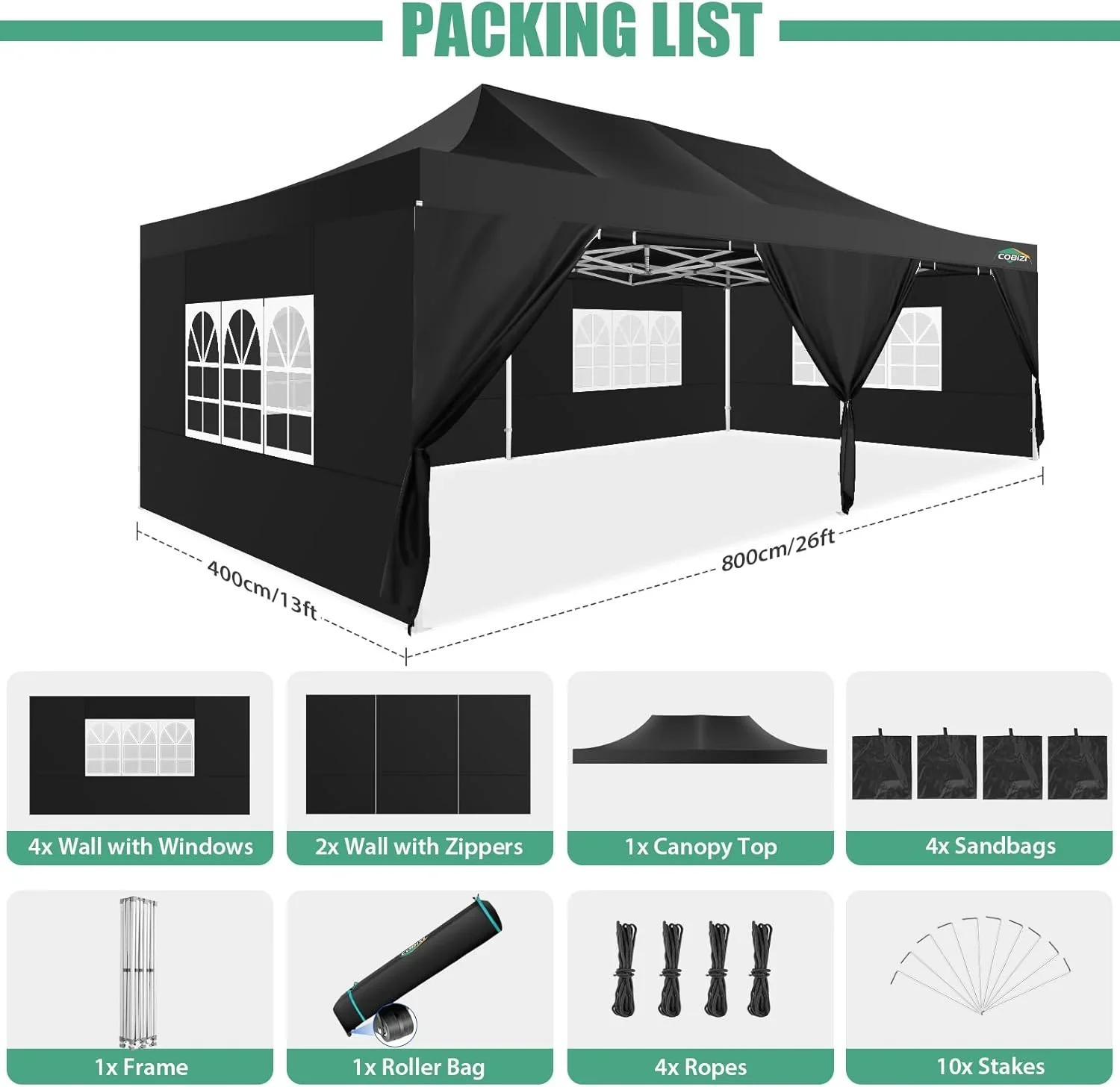 COBIZI 10x20 Heavy Duty Pop up Canopy Tent with 6 sidewalls Easy Up Commercial Outdoor Canopy Wedding Party Tents for Parties All Season Wind & Waterproof Gazebo with Roller Bag,Black(Frame Thickened) - Image 220