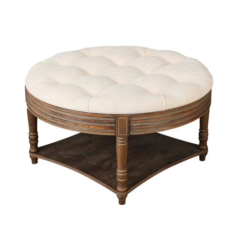 Round Storage Ottoman Coffee Table with Tufted Seat and Wooden Base - Image 20