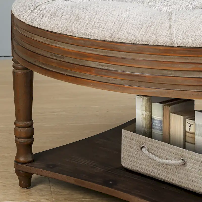 Round Storage Ottoman Coffee Table with Tufted Seat and Wooden Base - Image 6