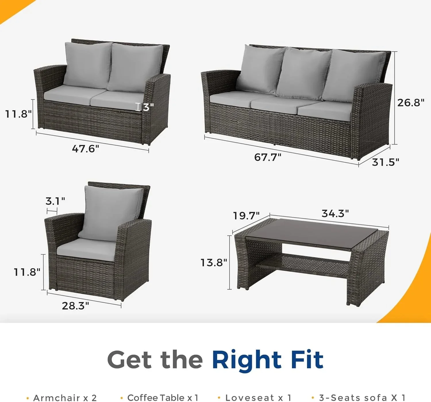 Wisteria Lane 4 Piece Outdoor Patio Furniture Sets, Wicker Conversation Set for Porch Deck, Grey Rattan Sofa Chair with Cushion Blue - Image 42