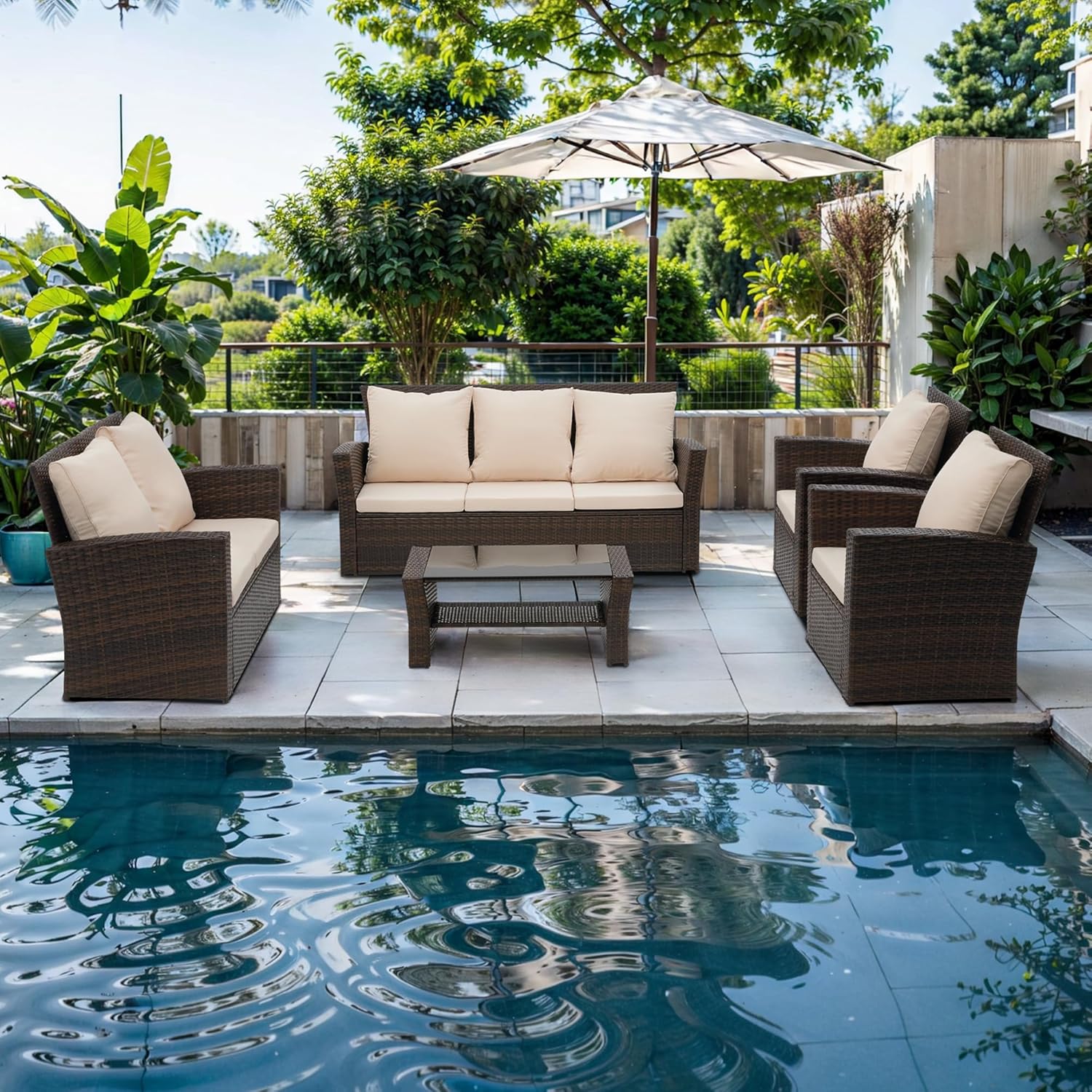 Wisteria Lane 4 Piece Outdoor Patio Furniture Sets, Wicker Conversation Set for Porch Deck, Grey Rattan Sofa Chair with Cushion Blue - Image 4