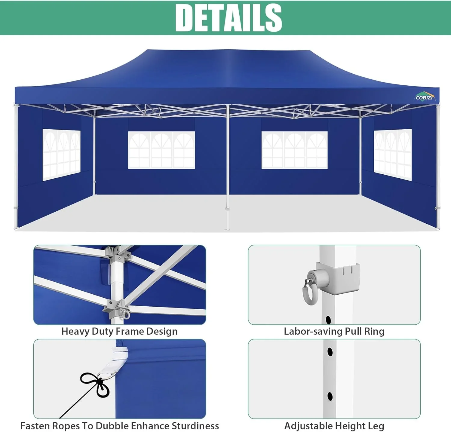 COBIZI 10x20 Heavy Duty Pop up Canopy Tent with 6 sidewalls Easy Up Commercial Outdoor Canopy Wedding Party Tents for Parties All Season Wind & Waterproof Gazebo with Roller Bag,Black(Frame Thickened) - Image 233