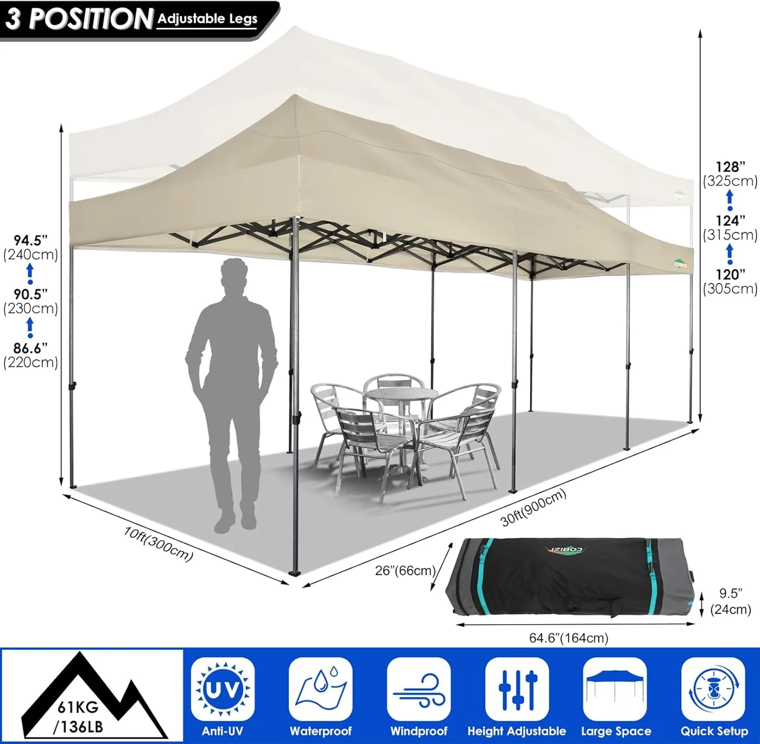 COBIZI 10x20 Heavy Duty Pop up Canopy Tent with 6 sidewalls Easy Up Commercial Outdoor Canopy Wedding Party Tents for Parties All Season Wind & Waterproof Gazebo with Roller Bag,Black(Frame Thickened) - Image 188