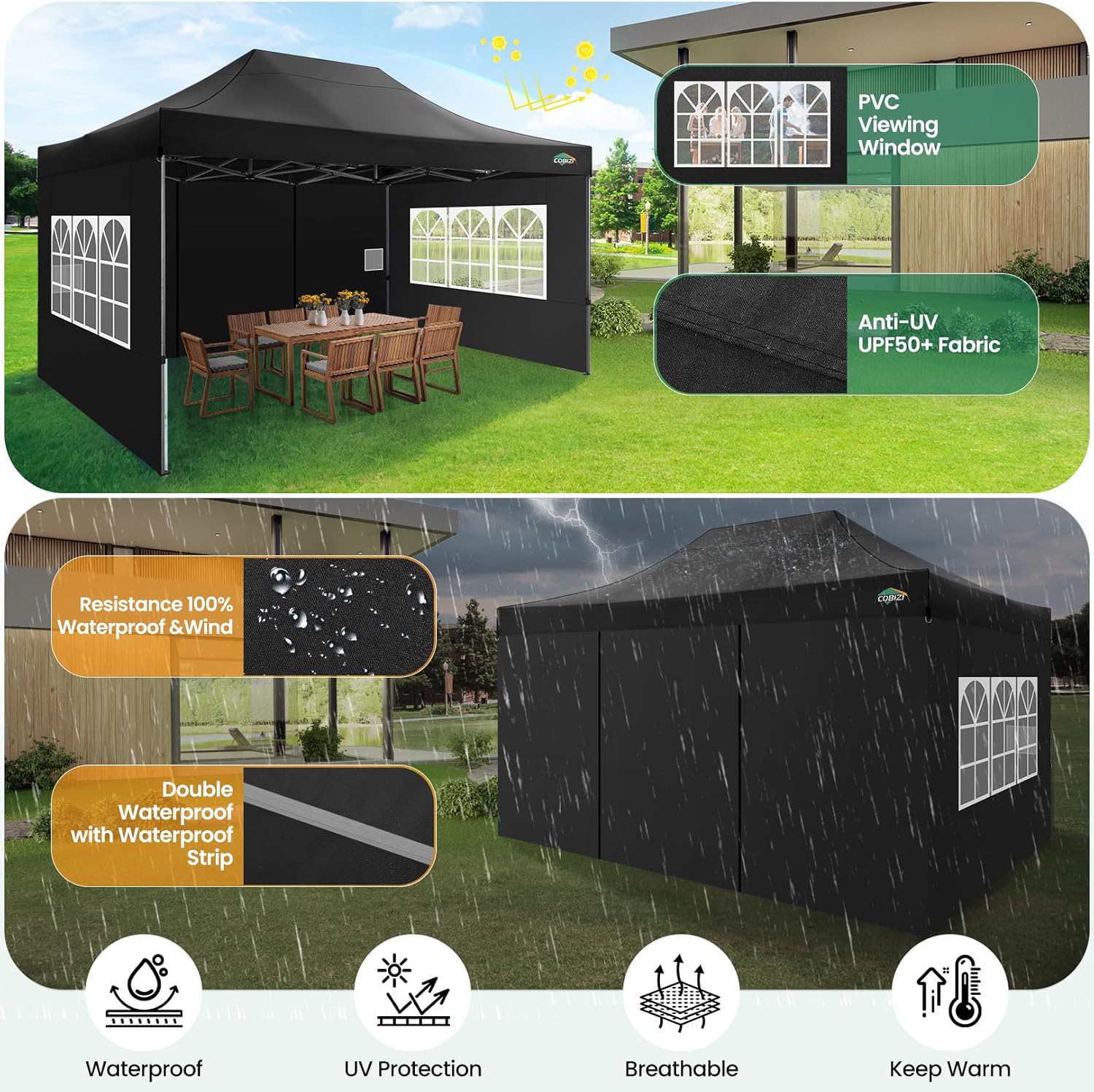 COBIZI 10x20 Heavy Duty Pop up Canopy Tent with 6 sidewalls Easy Up Commercial Outdoor Canopy Wedding Party Tents for Parties All Season Wind & Waterproof Gazebo with Roller Bag,Black(Frame Thickened) - Image 134